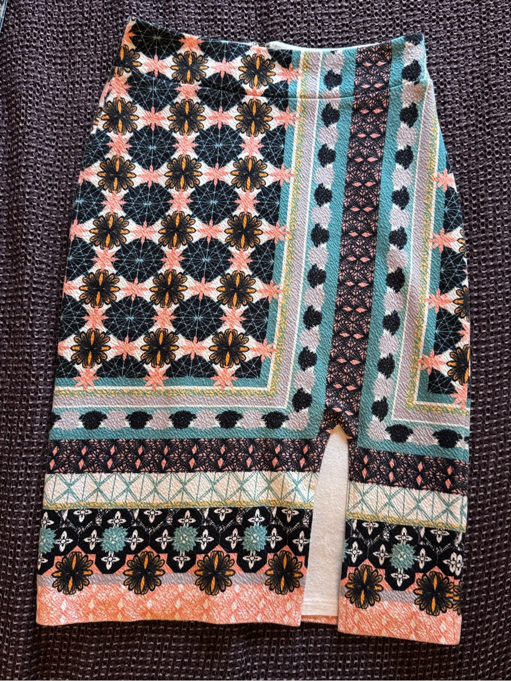 Maeve Printed Pencil Skirt in multi - Black, Teal & Coral